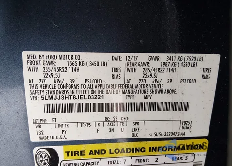 2018 Lincoln Navigator L Select from USA, damaged, VIN 5LMJJ3HT8JEL03221